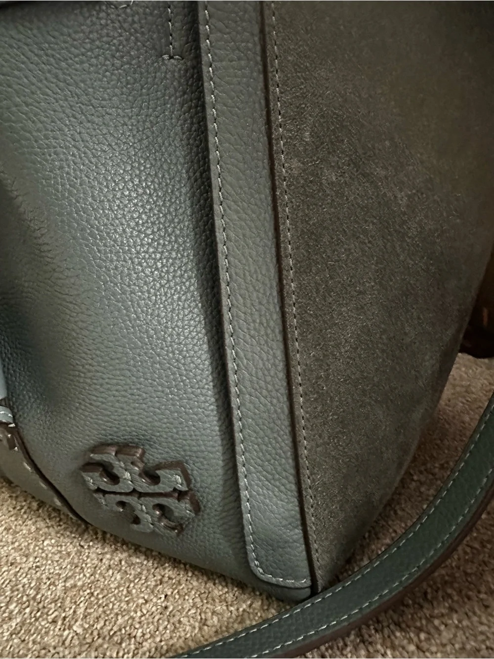 Tory Burch Slate Blue Leather & Suede Drawstring Bucket Crossbody